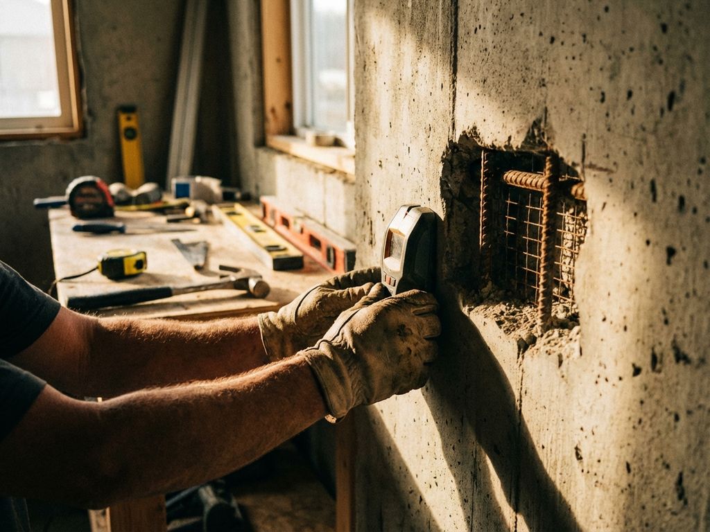Aannemer onderzoekt betonnen muur met zoekapparaat, stalen wapening zichtbaar door inspectie-opening, gereedschap op werkbank