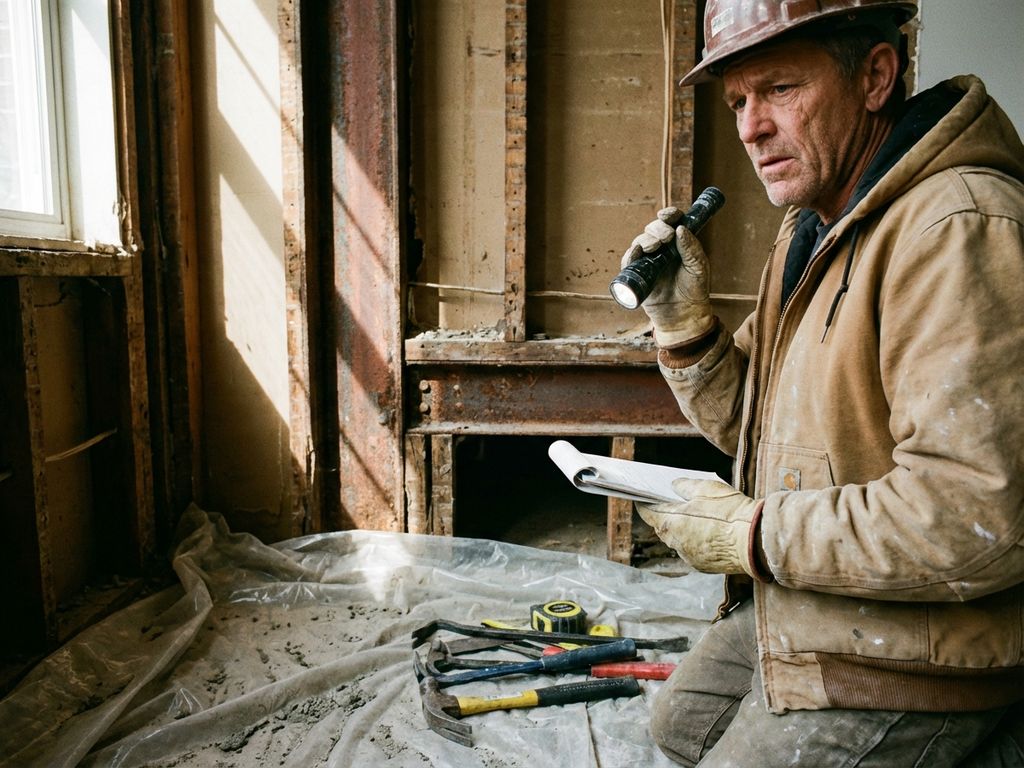 Professionele aannemer inspecteert gedeeltelijk gesloopte muur met zichtbare houten balken en stalen versterkingen