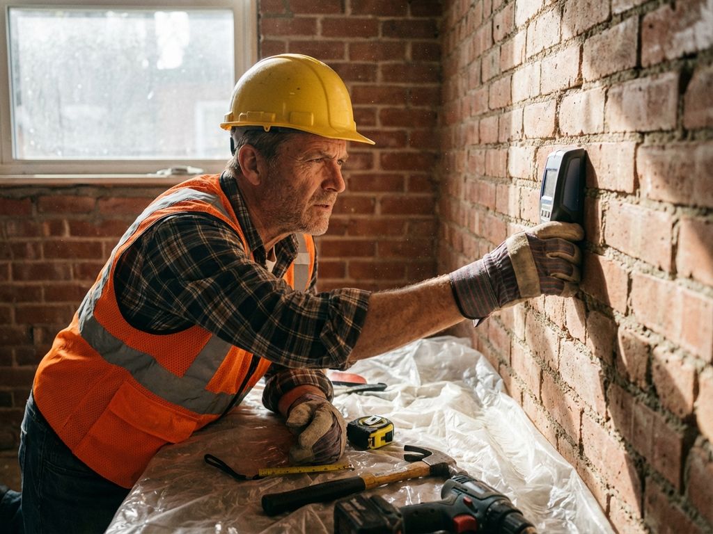 Aannemer met helm onderzoekt bakstenen draagmuur met detectieapparaat, gereedschap op plastic zeil