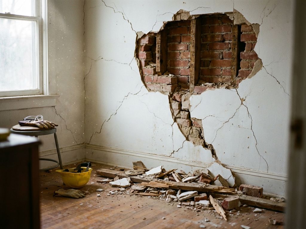 Beschadigde muur met scheuren in wit pleisterwerk, zichtbare bakstenen, bouwhelm en puin op houten vloer