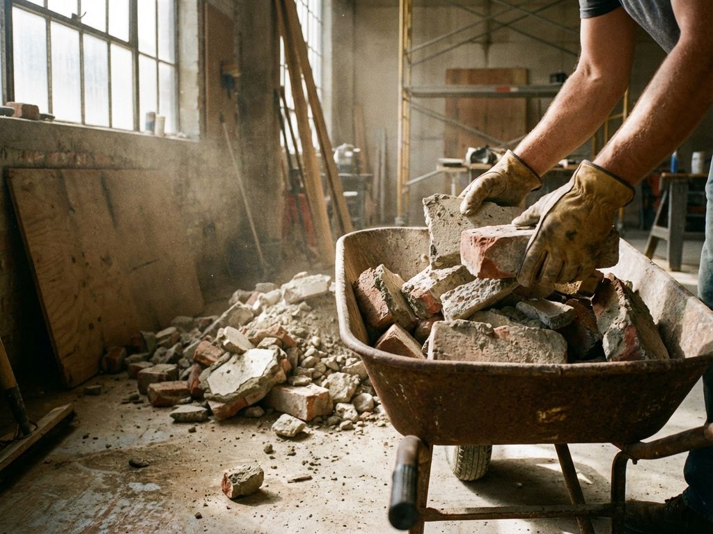 Bouwvakker sorteert betonpuin en baksteenafval in kruiwagen op bouwplaats, stofdeeltjes in natuurlijk licht
