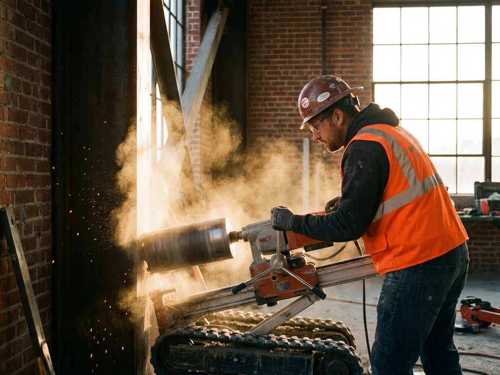 Bouwvakker gebruikt betonboormachine om opening te maken in betonnen muur, draagt veiligheidsuitrusting in industriële setting