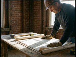 Bouwvakker in helm bestudeert blauwdrukken op houten tafel met gereedschap, bakstenen muur op achtergrond