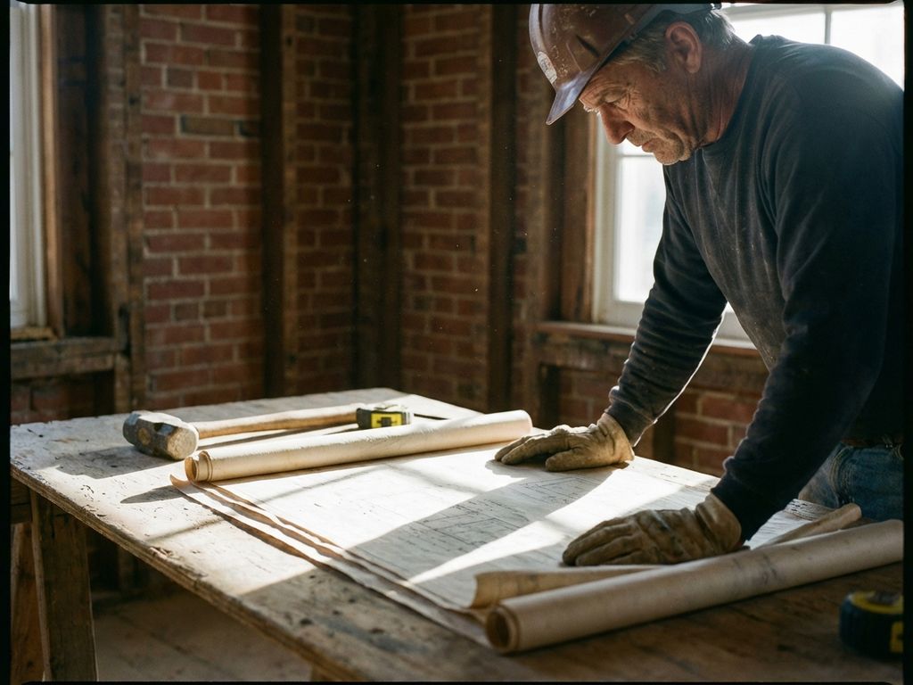 Bouwvakker in helm bestudeert blauwdrukken op houten tafel met gereedschap, bakstenen muur op achtergrond