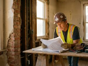 Bouwvakker in veiligheidskleding bestudeert contractdocumenten naast gedeeltelijk gesloopte muur met zichtbare balken