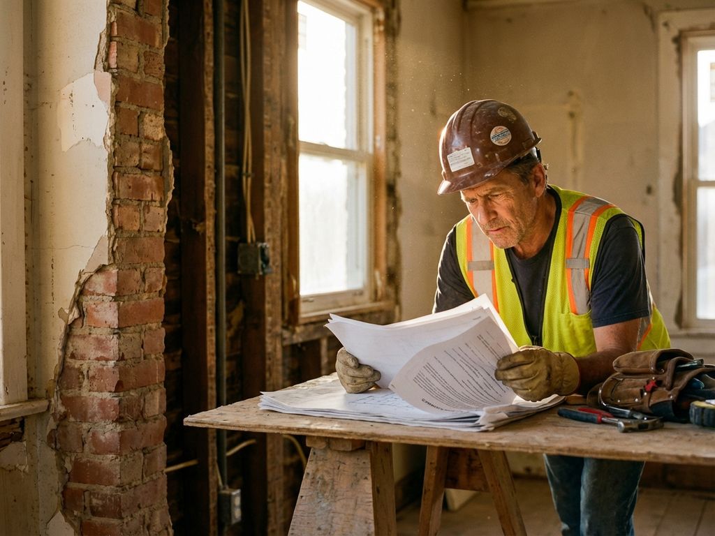 Bouwvakker in veiligheidskleding bestudeert contractdocumenten naast gedeeltelijk gesloopte muur met zichtbare balken