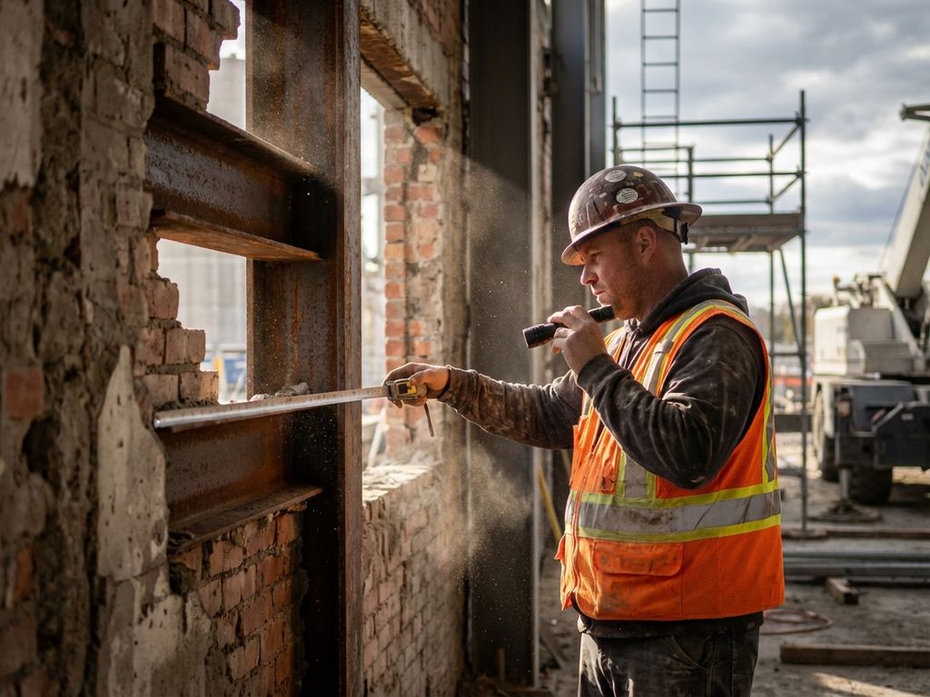 Bouwvakker inspecteert draagmuur met stalen versterkingsbalken op bouwplaats met meetgereedschap