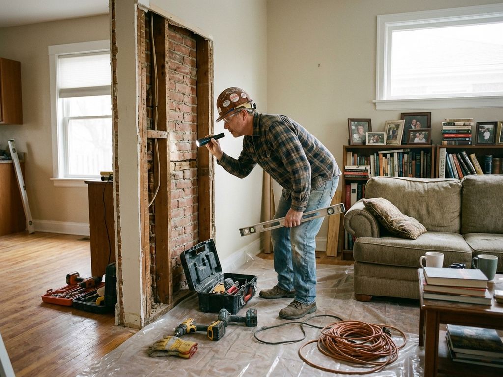 Bouwvakker inspecteert dragende muur tijdens renovatie in woonkamer met gereedschap en beschermfolie op vloer