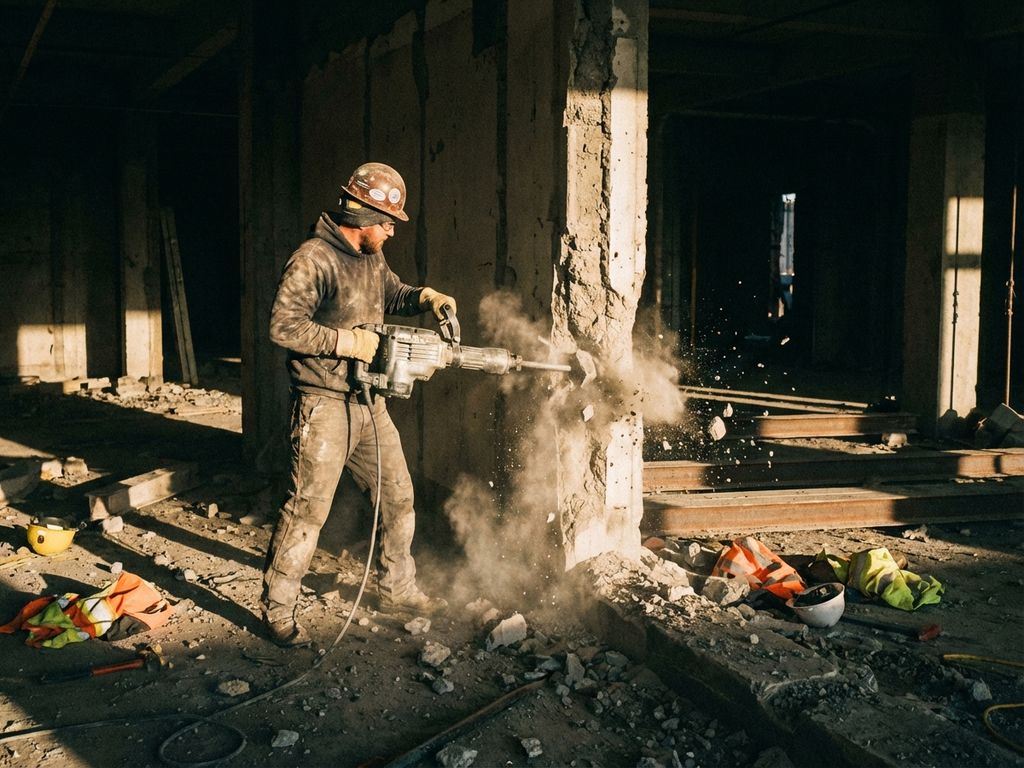 Bouwvakker met pneumatische hamer breekt betonnen draagmuur af, stof en puin vliegen rond op industriële bouwplaats