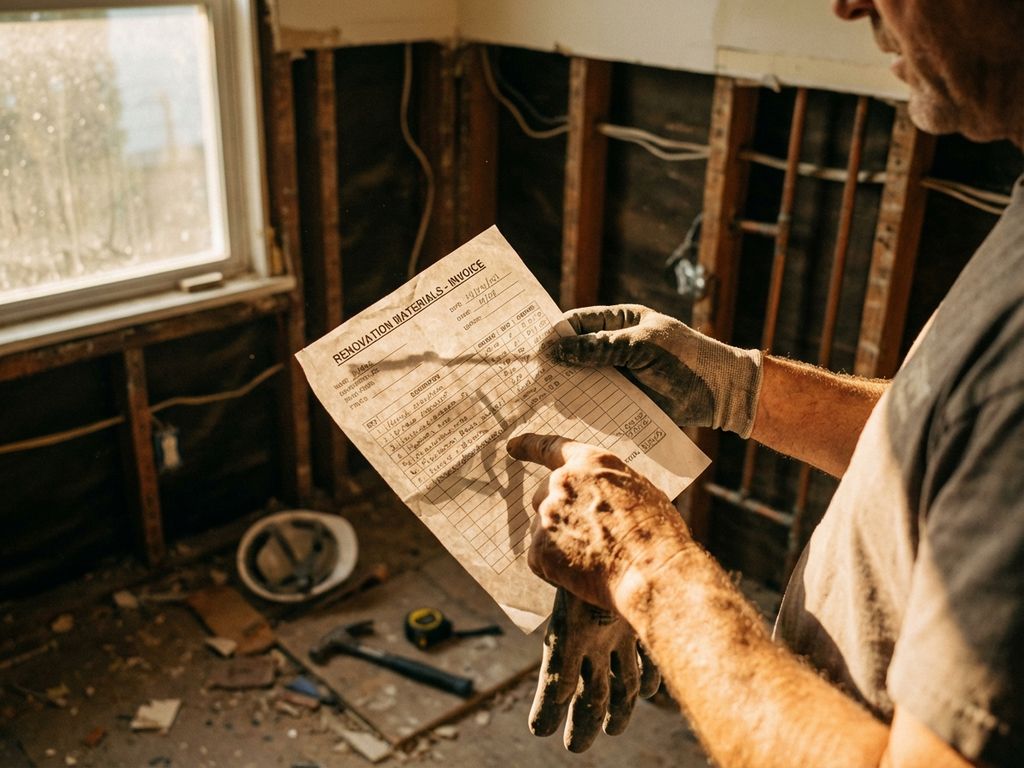 Bouwvakker bekijkt factuur bij gedeeltelijk gesloopte muur met zichtbare balken en leidingen in gerenoveerd huis