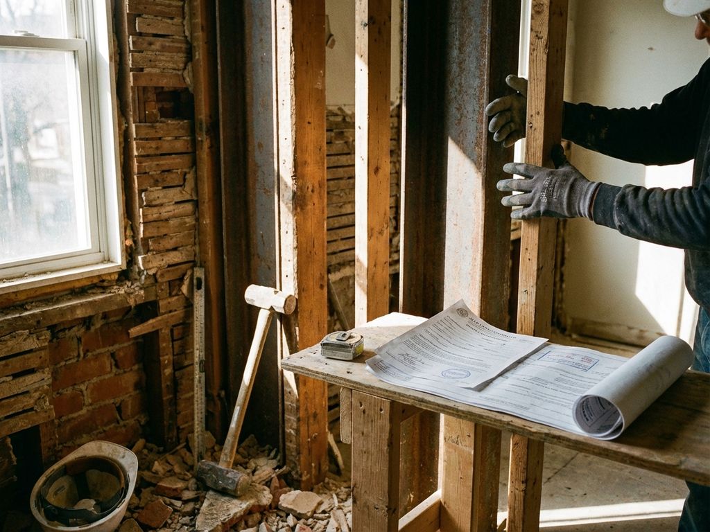 Bouwvakker onderzoekt gedeeltelijk gesloopte muur met zichtbare houten balken en stalen steunstructuren, gereedschap nabij