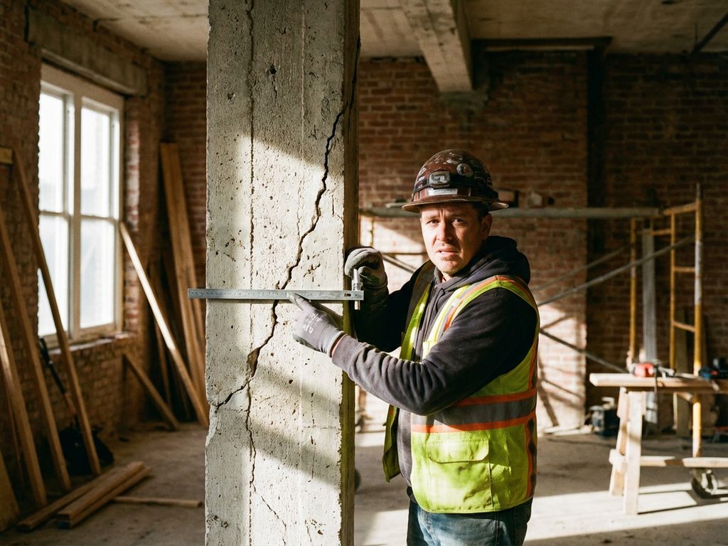 Bouwvakker inspecteert betonnen steunbalk met scheuren met meetinstrument in gedeeltelijk gerenoveerde ruimte