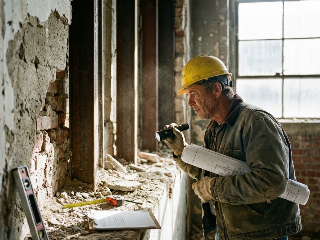 Bouwvakker inspecteert gedeeltelijk gesloopte muur met zichtbare staalconstructie, draagt helm en houdt bouwplannen vast