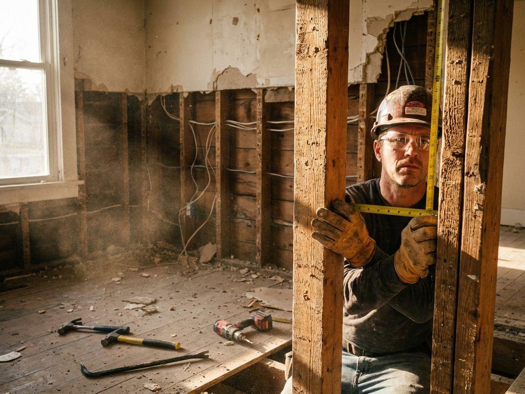 Bouwvakker meet draagbalk in gedeeltelijk gesloopte ruimte met zichtbare houten balken en bedrading
