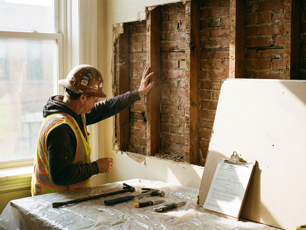 Bouwvakker inspecteert gedeeltelijk verwijderde muur met zichtbare houten balken en bakstenen structuur