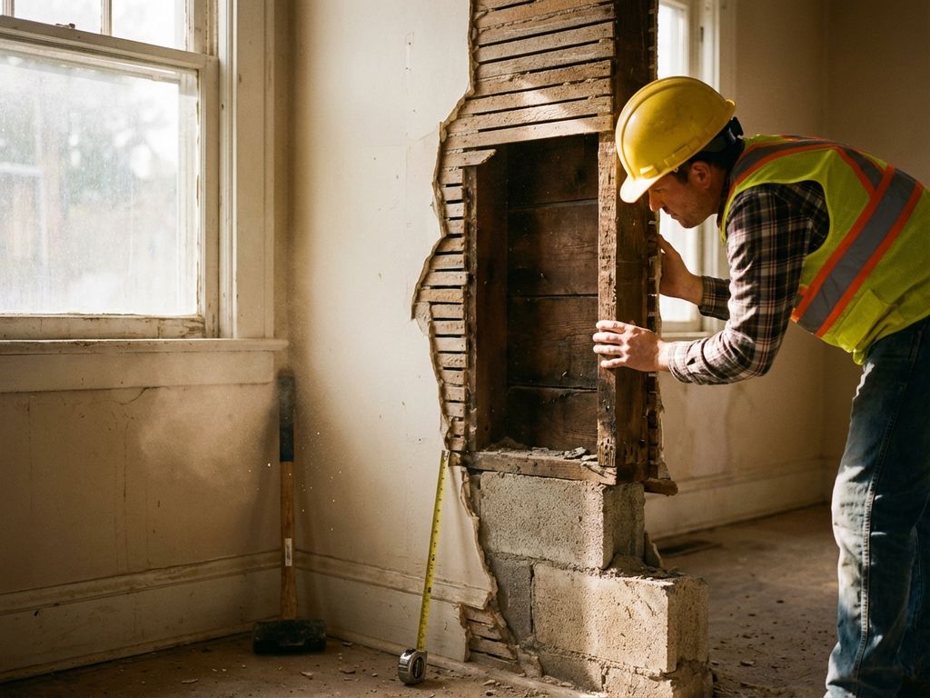 Bouwvakker inspecteert gedeeltelijk gesloopte binnenmuur met zichtbare houten balken en betonnen fundering