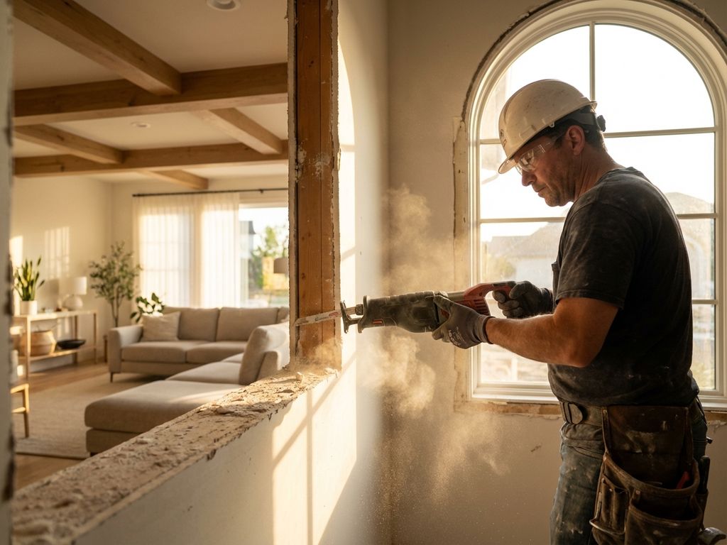 Bouwvakker met veiligheidsuitrusting sloopt binnenmuur met professioneel gereedschap, open woonruimte zichtbaar op achtergrond