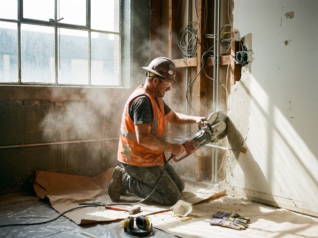 Bouwvakker in veiligheidspak verwijdert binnenmuur met precisie-gereedschap, stof en structurele balken zichtbaar