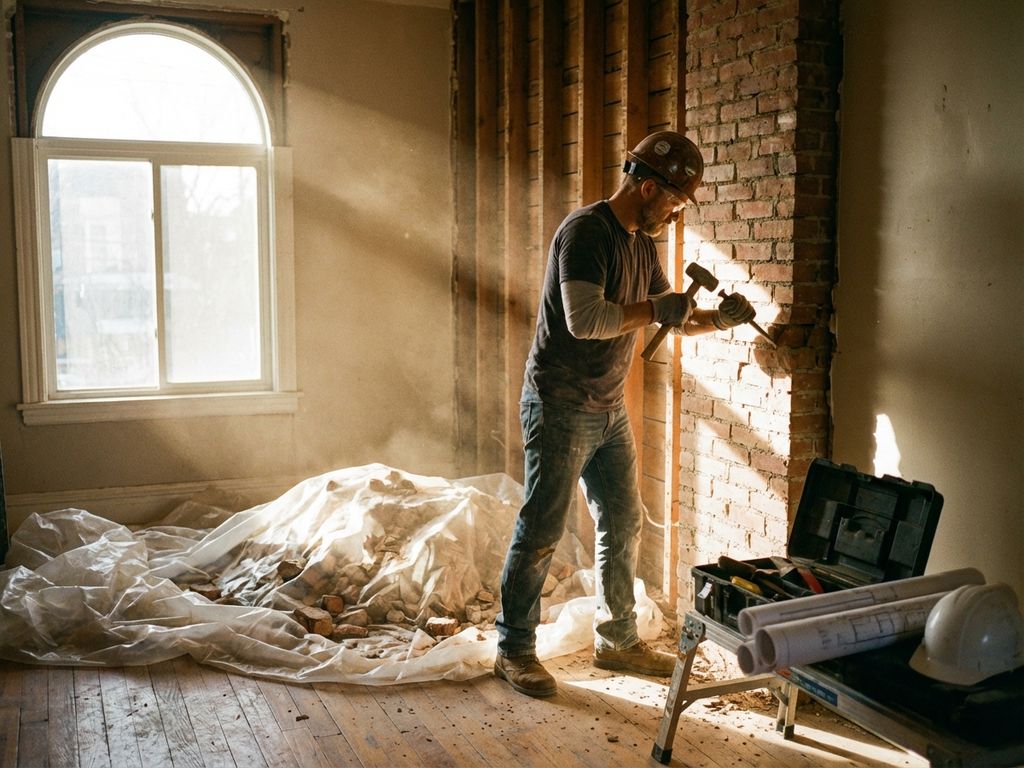 Bouwvakker breekt binnenmuur af met hamer en beitel, stof in zonlicht, gereedschap en puin netjes georganiseerd