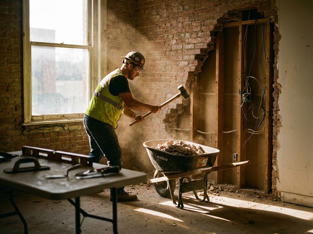 Bouwvakker in veiligheidsuitrusting breekt bakstenen muur af met voorhamer, bouwpuin in kruiwagen, zichtbare balken