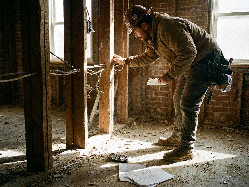 Bouwvakker onderzoekt gedeeltelijk gesloopte muur met zichtbare houten balken en bedrading tijdens renovatie