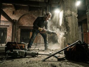 Bouwvakker zaagt door betonnen muur met reciprozaag op industriële bouwplaats, veiligheidsuitrusting zichtbaar