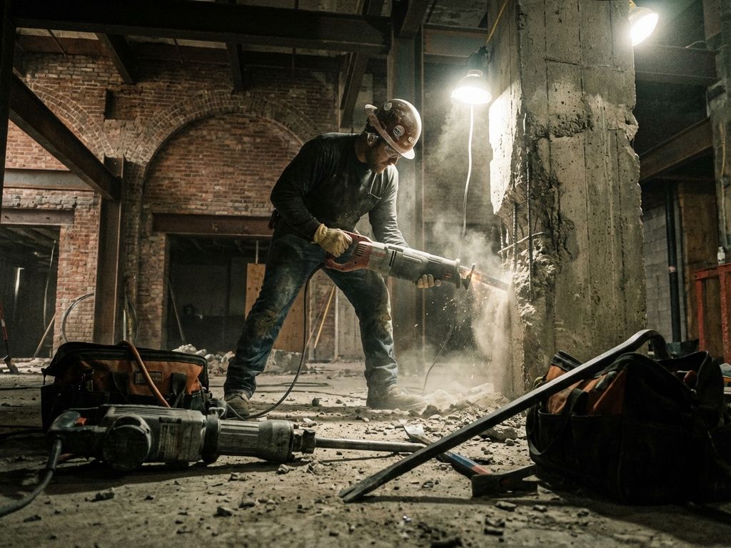 Bouwvakker zaagt door betonnen muur met reciprozaag op industriële bouwplaats, veiligheidsuitrusting zichtbaar