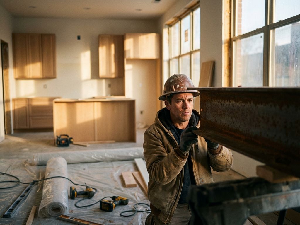 Bouwvakker inspecteert stalen balkenstructuur tijdens renovatie, gereedschap en puin op vloer, keukenkasten op achtergrond