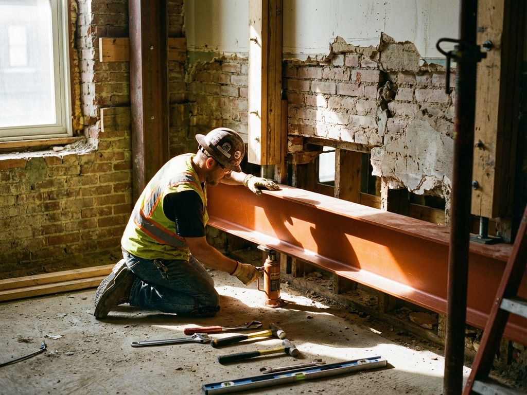 Bouwvakker plaatst stalen steunbalk onder dragende muur, gereedschap op stoffige vloer, dramatische zijbelichting