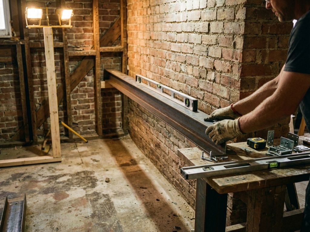 Bouwvakker installeert stalen steunbalk tegen bakstenen muur met gereedschap op werkbank in professionele werkplaats