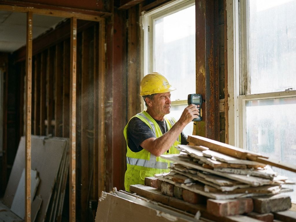 Bouwvakker in gele helm onderzoekt gedeeltelijk gesloopte muur met zichtbare houten balken en stalen steunbalken