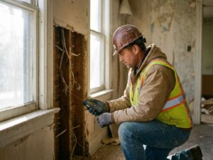 Bouwvakker in veiligheidsuitrusting inspecteert gedeeltelijk gesloopte muur met zichtbare houten balken en bedrading