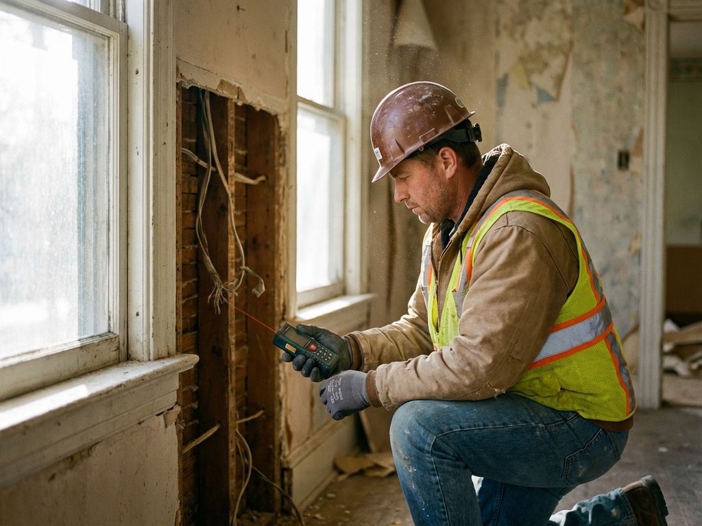 Bouwvakker in veiligheidsuitrusting inspecteert gedeeltelijk gesloopte muur met zichtbare houten balken en bedrading