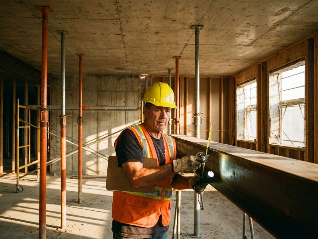 Bouwvakker in gele helm inspecteert draagbalken met meetgereedschap op bouwplaats met stalen verstevigingssteunen