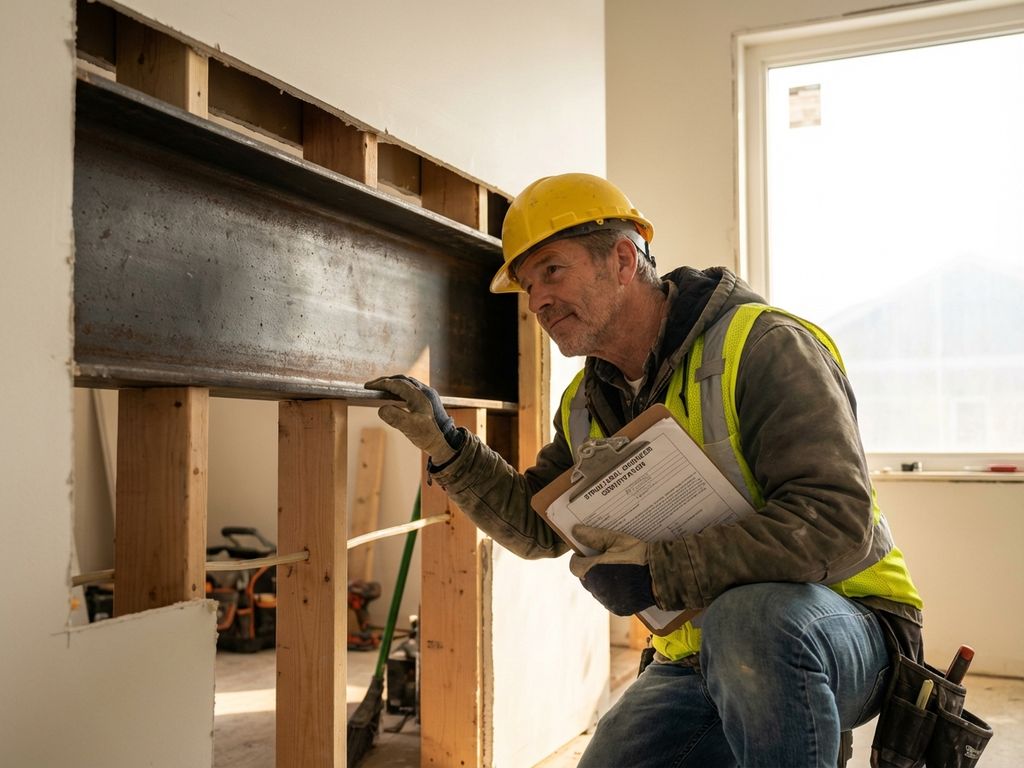 Bouwvakker met helm inspecteert stalen balk en houdt certificaten vast na verwijdering dragende muur in moderne woning