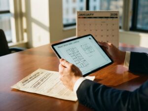 Professionele handen met tablet met architecturale blauwdrukken boven papieren vergunningsaanvraag op bureau