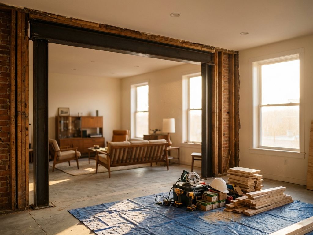 Moderne woonkamer met nieuwe stalen steunbalk na het verwijderen van dragende muur, bouwgereedschap op beschermfolie