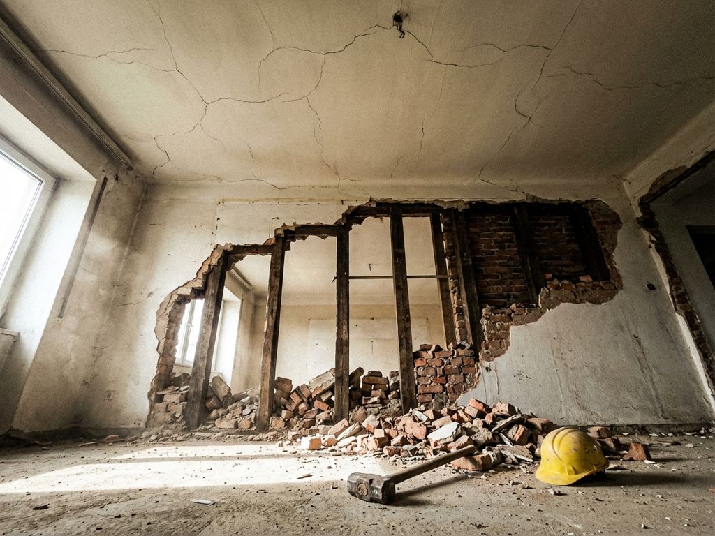 Gedeeltelijk gesloopte muur met zichtbare houten balken, puin en constructieschade aan plafond met scheuren