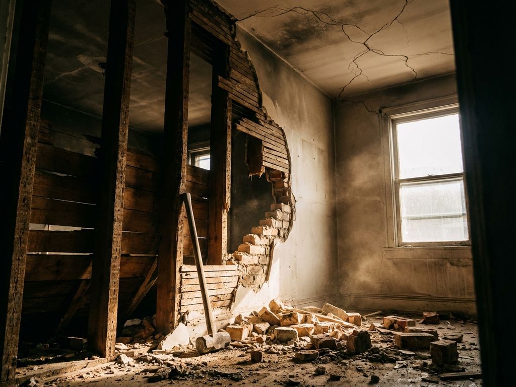 Gedeeltelijk gesloopte binnenmuur met zichtbare houten balken, puin op vloer en voorhamer tegen beschadigde wand