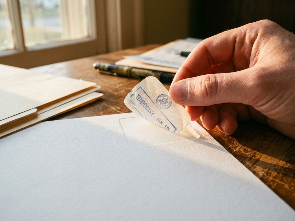 Hand die doorzichtige tijdelijke stempel van wit papier pelt op houten bureau met documenten in zacht zonlicht