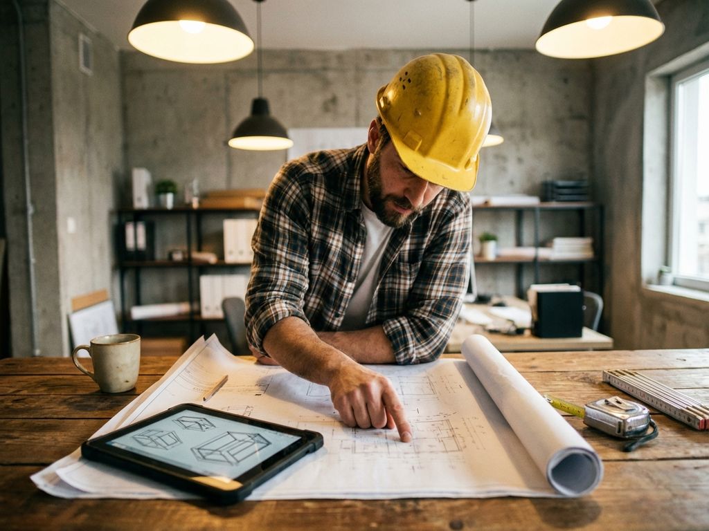 Bouwingenieur in veiligheidshelm bestudeert bouwplannen op houten tafel met tablet en meetgereedschap in kantoor