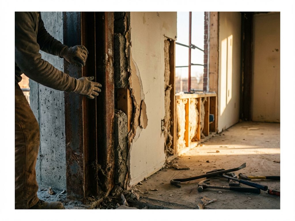 Bouwvakker onderzoekt doorsnede van gedeeltelijk gesloopte muur met stalen balken, beton en houten studs zichtbaar