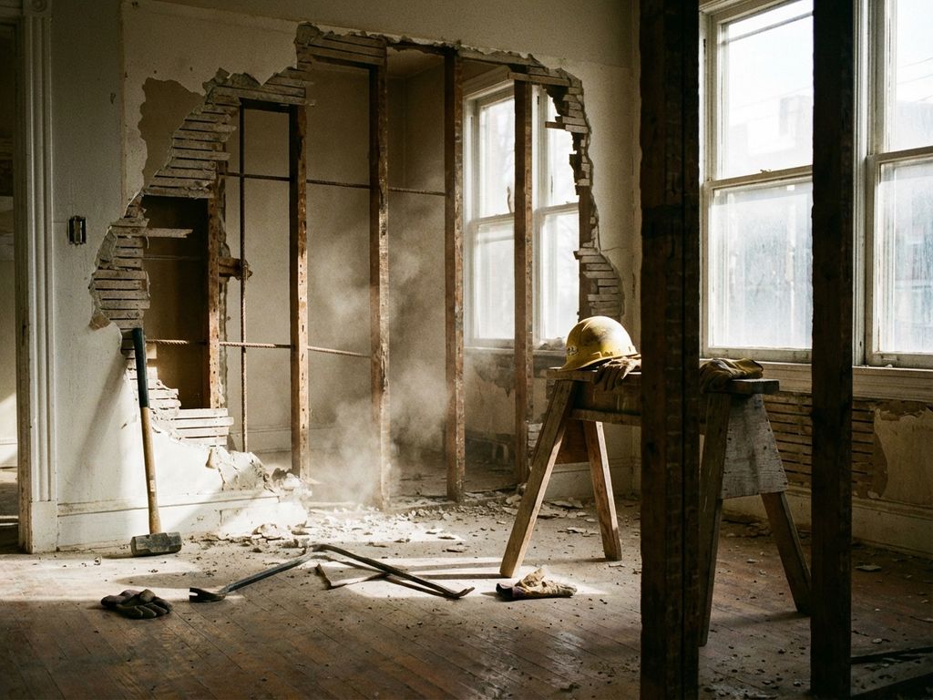 Gedeeltelijk gesloopte muur met zichtbare balken, constructiegereedschap en helm op stoffige houten vloer bij raam