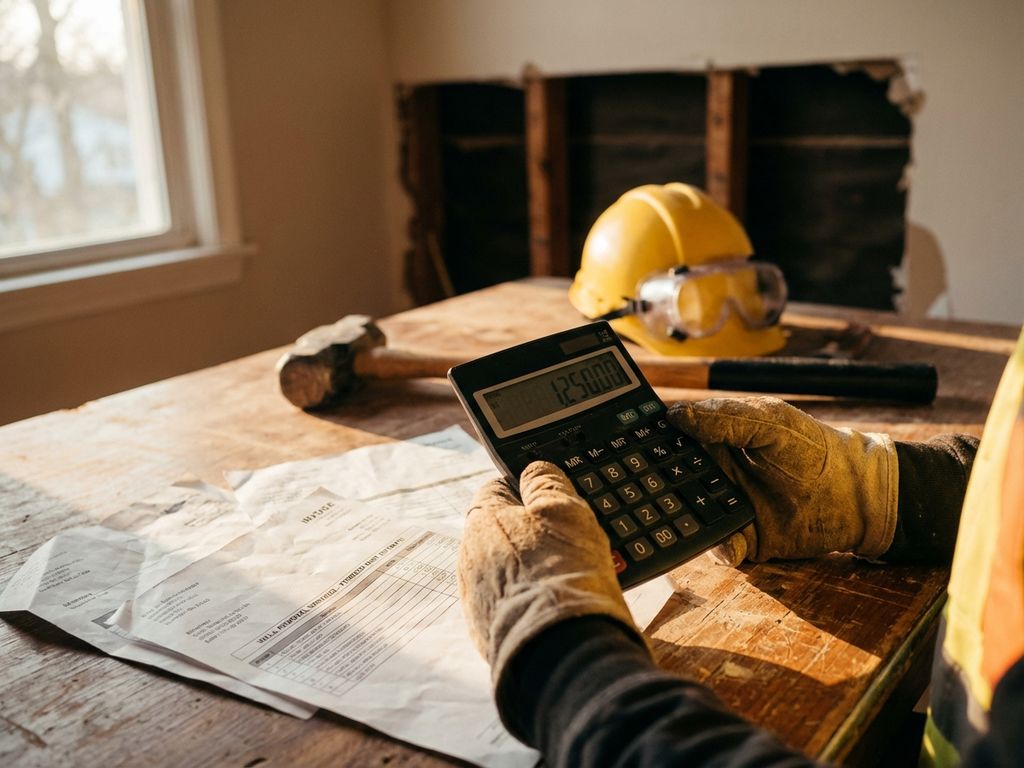 Bouwvakker houdt rekenmachine vast met facturen voor muurverwijdering, sloophamer en veiligheidsuitrusting op achtergrond