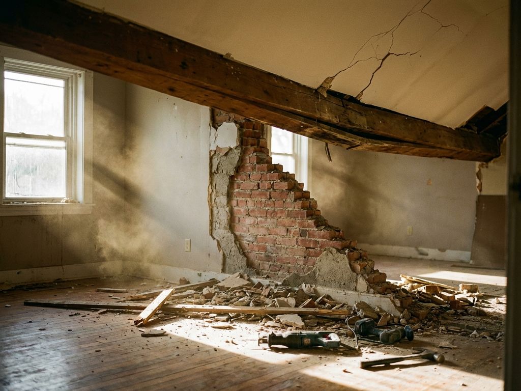 Gedeeltelijk gesloopte muur met zichtbare bakstenen, puin op parketvloer en doorzakkende plafondbalken