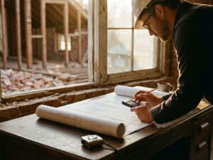 Structureel ingenieur bestudeert architecturale blauwdrukken op houten bureau met rekenmachine en meetgereedschap