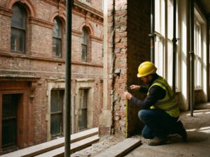 Structuuringenieur met helm onderzoekt dragende muur van historisch bakstenen gebouw met meetgereedschap