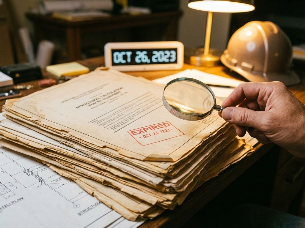 Bouwkundig ingenieur controleert verouderde structurele berekeningen met rode stempel en vergrootglas op bureau