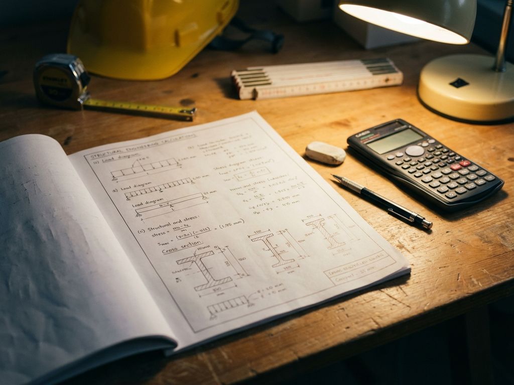 Bouwkundige berekeningsbladen met statische berekeningen en technische tekeningen op houten tekentafel met gereedschap