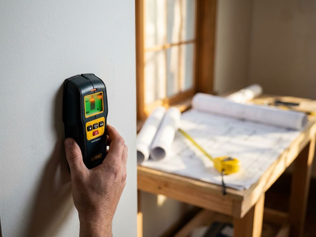 Hand houdt elektronische muurscanner tegen witte muur vast, met blauwdrukken en meetlint op houten tafel